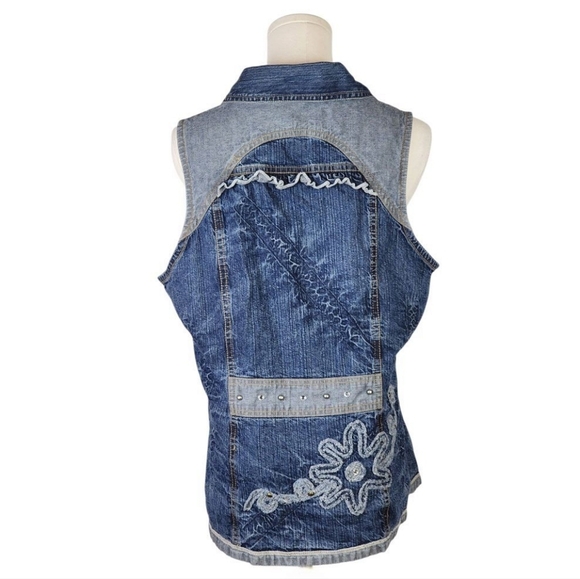 Bleu Bayou Embellished Denim Vest L Western Y2K Boho Rhinestone Zip Up - Picture 4 of 8